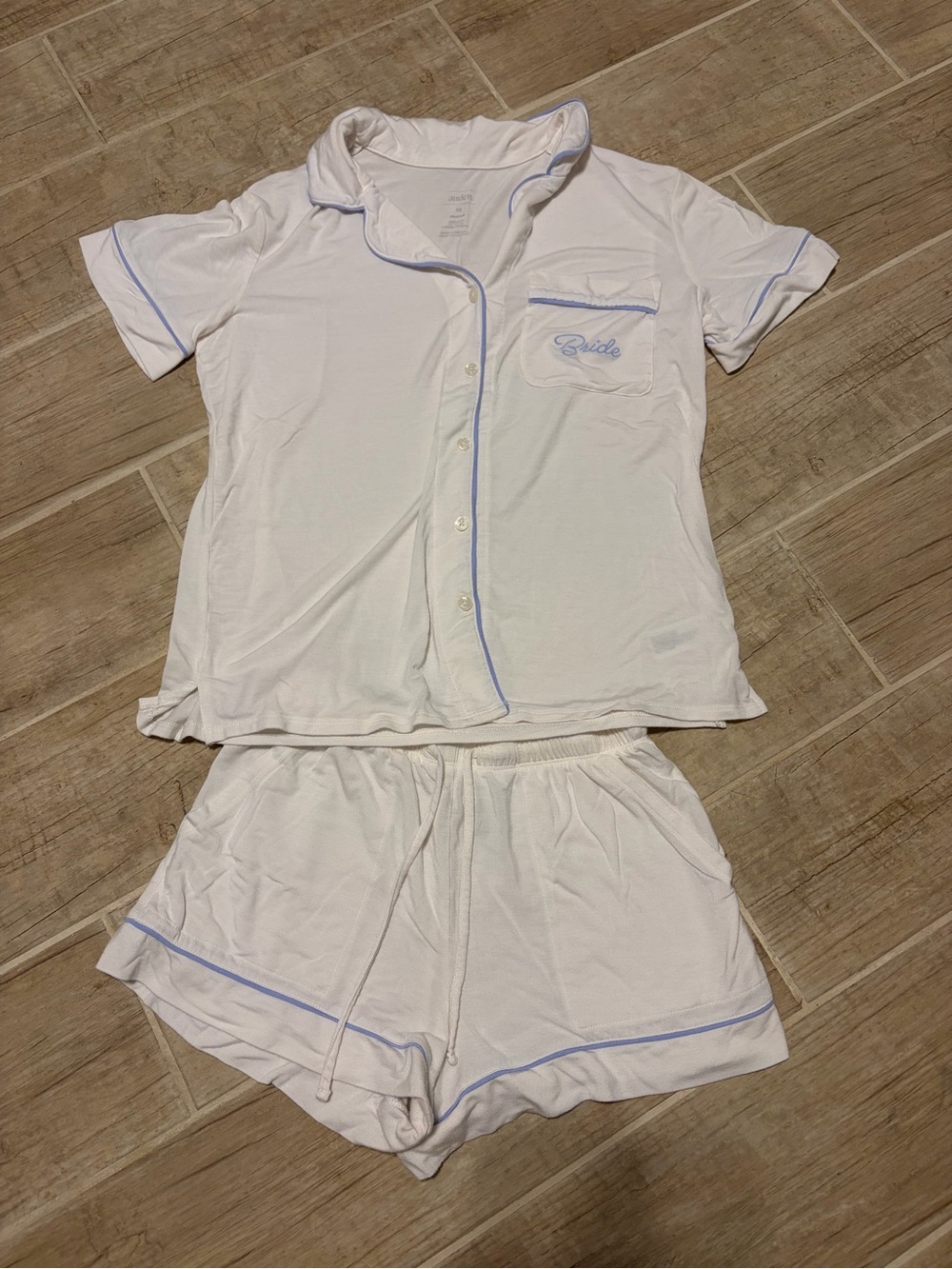 Auden White Short-Sleeve Pajama Set with Light Blue Trim Bride